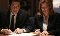 ¿Cuándo conviene firmar un acuerdo prenupcial y cuáles son sus implicaciones legales? Hombre y mujer vestidos de traje firmando documentos en una mesa de madera.