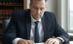 Guía definitiva para redactar contratos efectivos Hombre con traje oscuro y corbata, revisando documentos en un entorno de oficina.