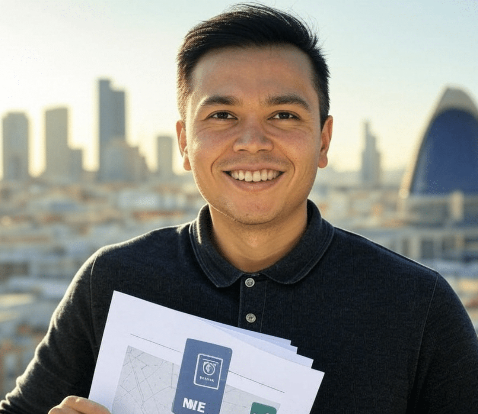 Hombre sonriente sosteniendo documentos impresos con un fondo de ciudad moderna.