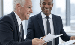 Cómo hacer un contrato de trabajo a un extranjero: Guía Completa y Práctica Dos hombres de negocios sonriendo mientras revisan documentos en una oficina moderna.