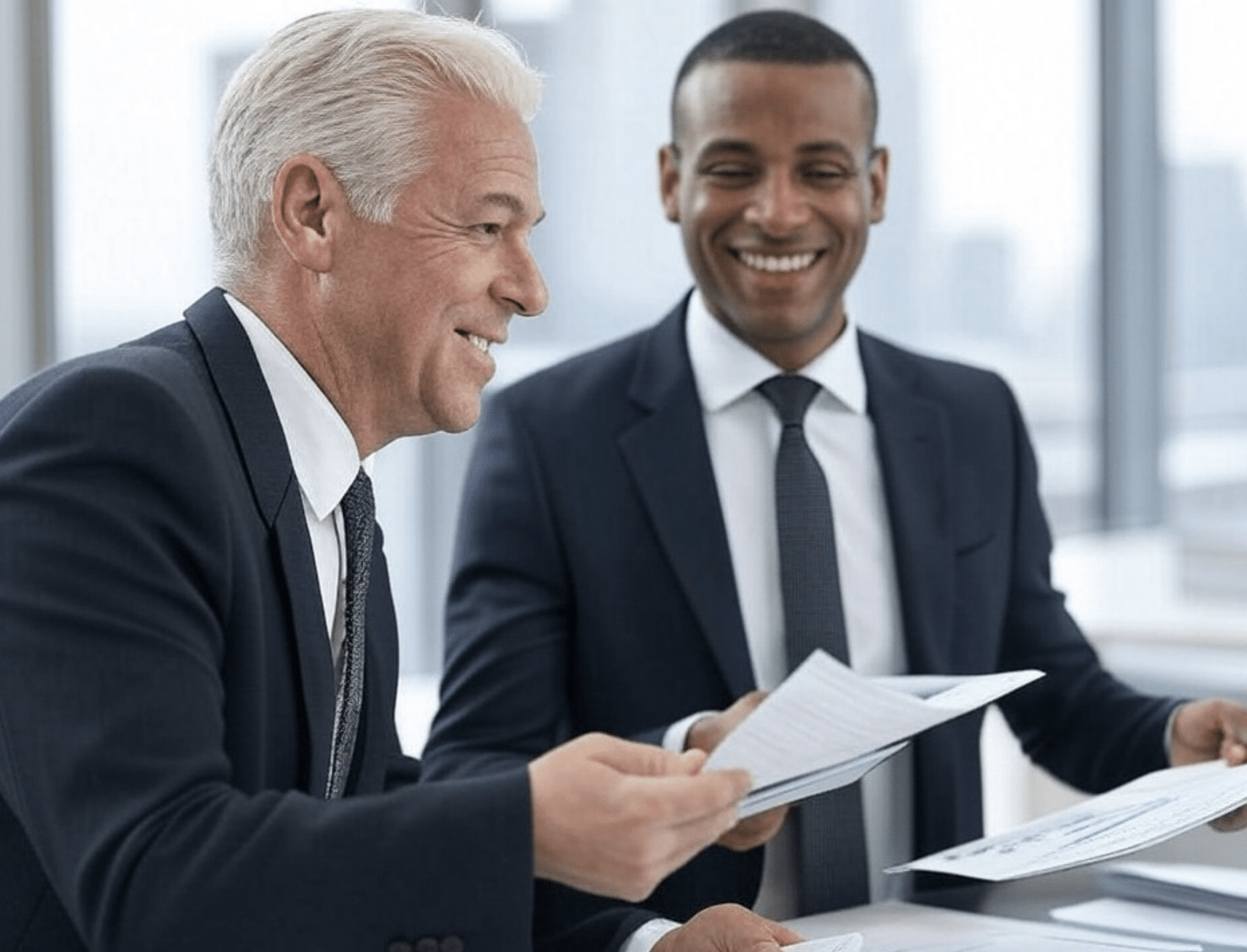 Dos hombres de negocios sonriendo mientras revisan documentos en una oficina moderna.