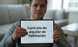 Redactar un contrato de alquiler de habitacion. Herramienta Online. Hombre mostrando un contrato de alquiler de habitación en una tablet, sentado en un sofá.