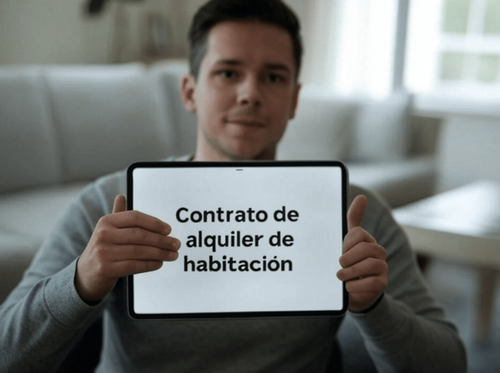 Hombre mostrando un contrato de alquiler de habitación en una tablet, sentado en un sofá.