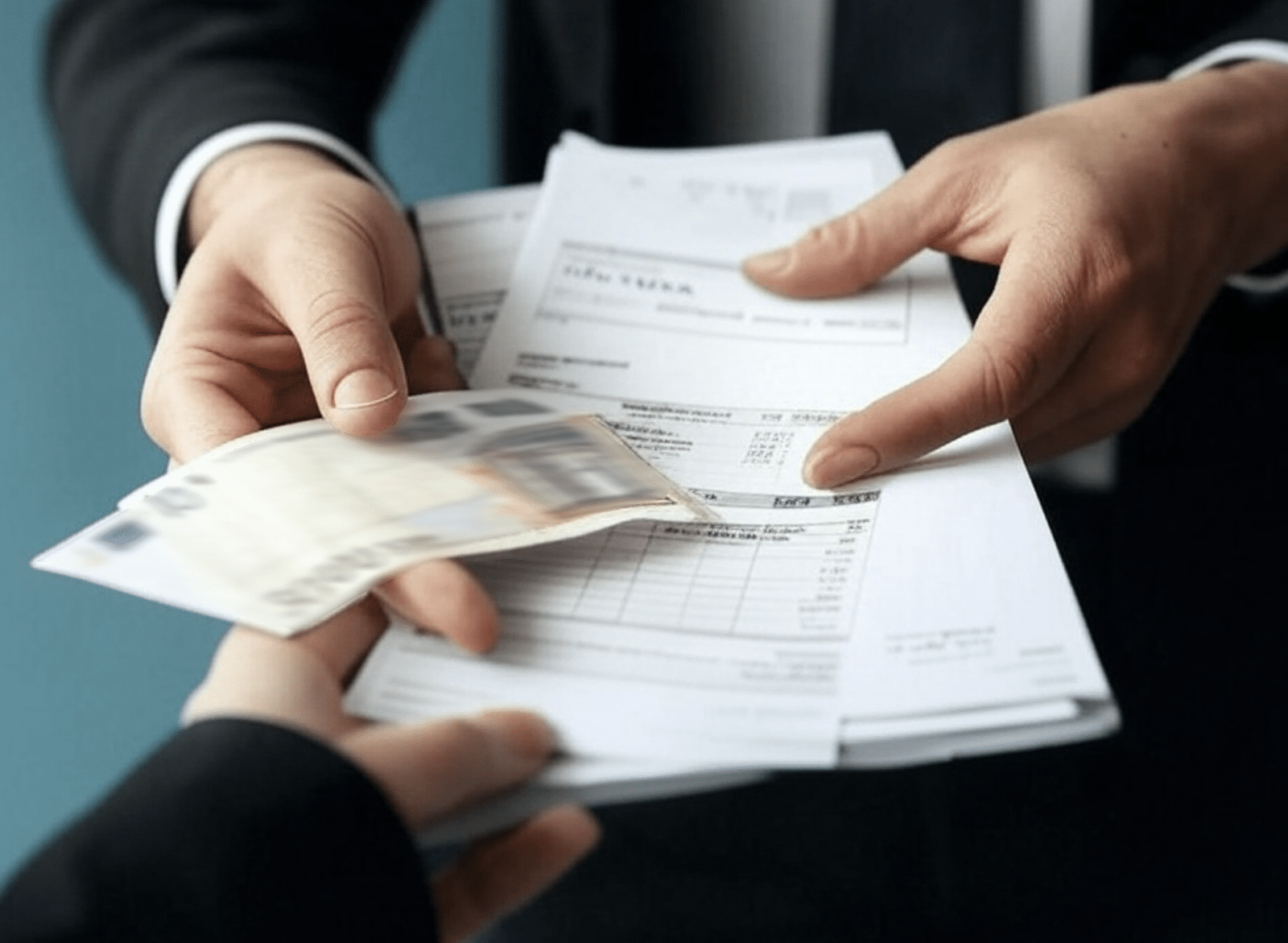 Una persona entrega billetes de euro junto con documentos a otra persona en un entorno formal.